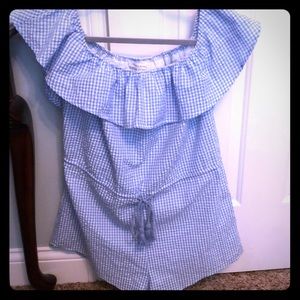 Honey Punch blue gingham off shoulder romper large